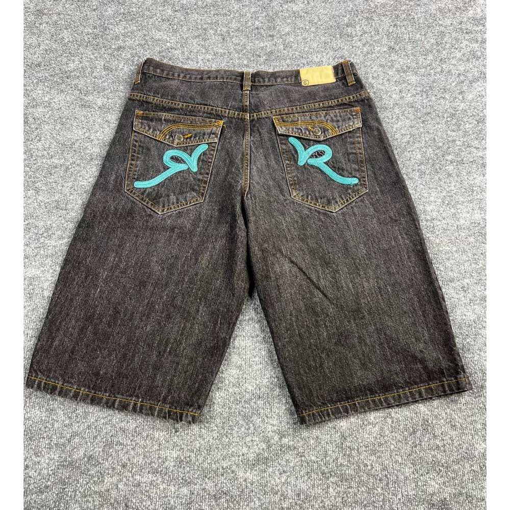 Rocawear Mens Black Denim Baggy Shorts Y2K Embroidered Logo Relaxed Fit 36
